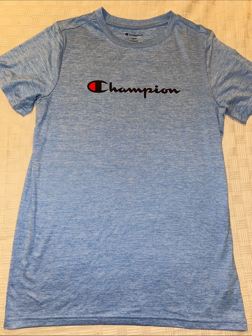 Champion boys size 18/20 Light Heather Blue Tee with Black & Red Logo